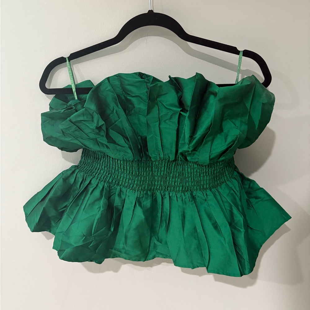 MAJORELLE Emerald Green Ruffled Peplum Blouse